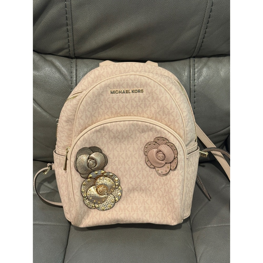 Michael Kors Abbey Pink Signature 3D‎ Floral Applique Backpack Gold Hardware